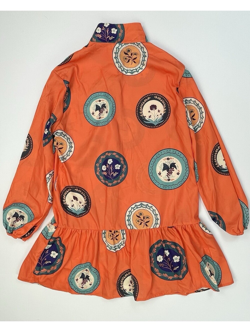 Amina Glam Orange Print Mini Dress 6 Long Sleeve Belted Flounce Hem Button Front - Picture 2 of 8